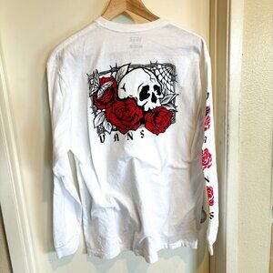 Vans Long Sleeve Tee White w/ Skull/Rose/Butterfly/Spiderweb Tattoo Graphic